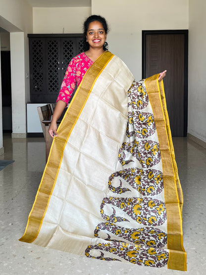 Cream and Yellow Tussar Silk Saree with Prints