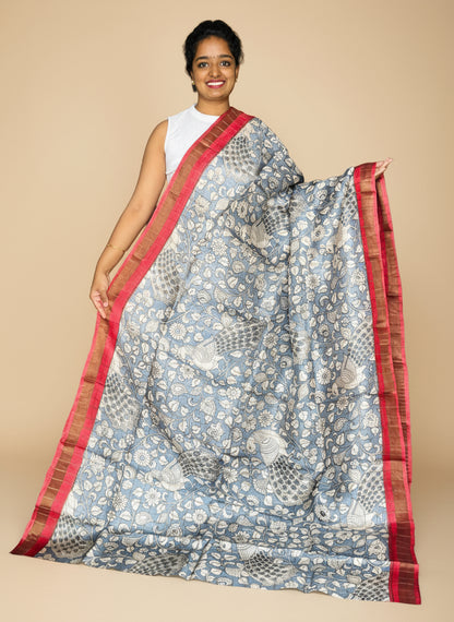 Grey and Red Tussar Silk Saree with Prints