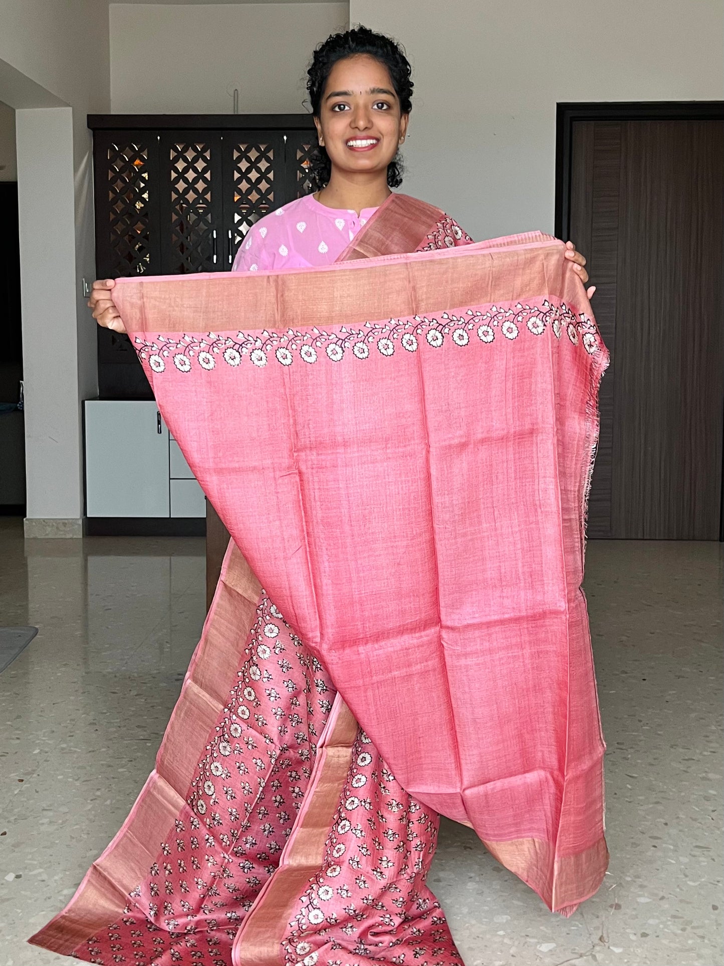 Peach Tussar Silk Saree with Prints