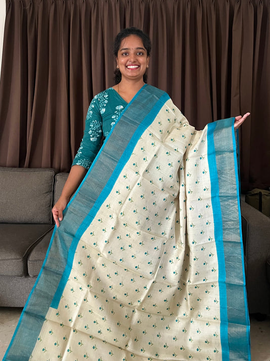 Cream and Blue Tussar Silk Saree with Prints