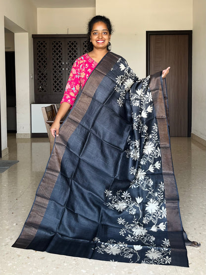 Black Tussar Silk Saree with Prints