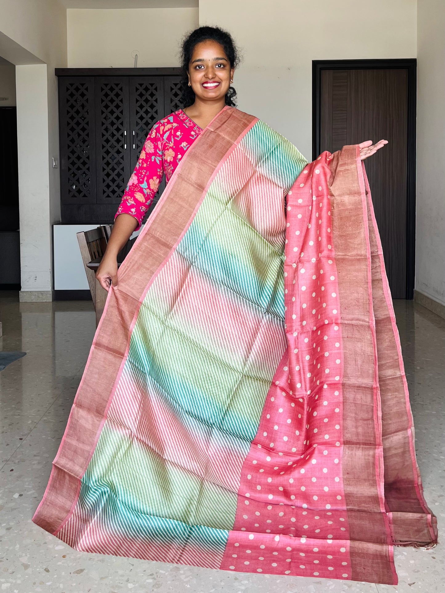 Cream and Peach Tussar Silk Saree with Prints