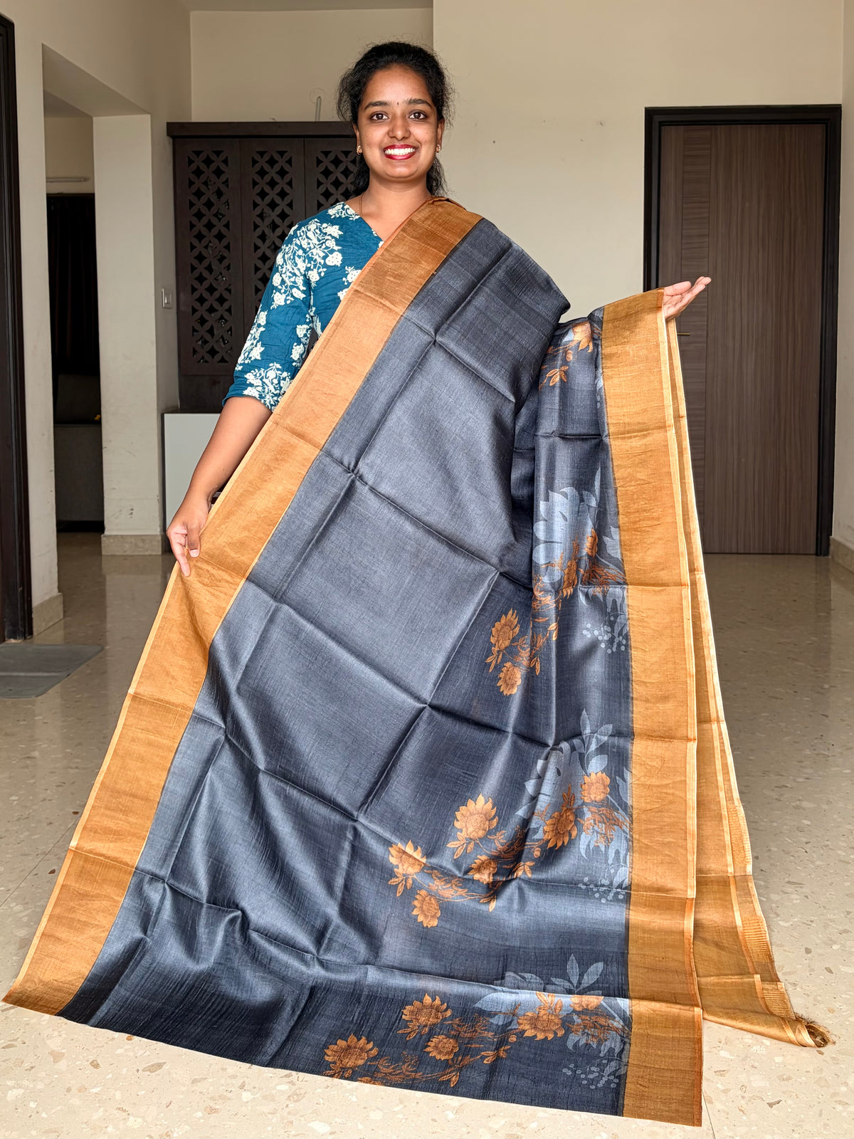 Black and Mustard Tussar Silk Saree with Prints