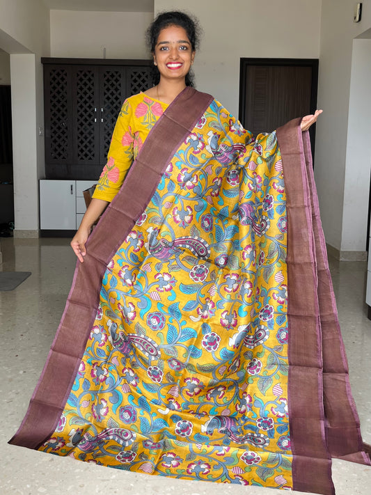 Yellow and Brown Tussar Silk Saree with Prints