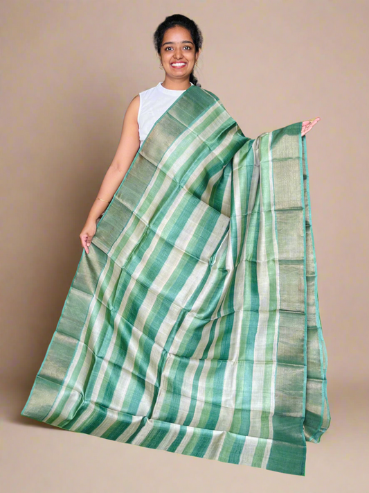 Green Tussar Silk Saree with Prints