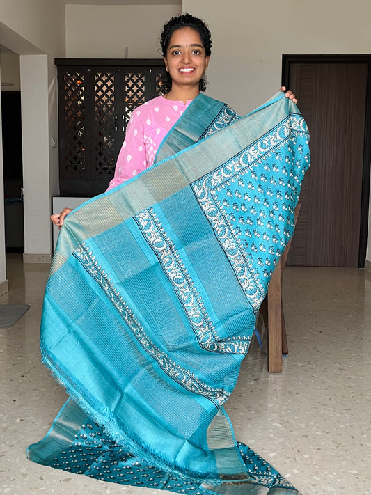 Powder Blue Tussar Silk Saree with Prints