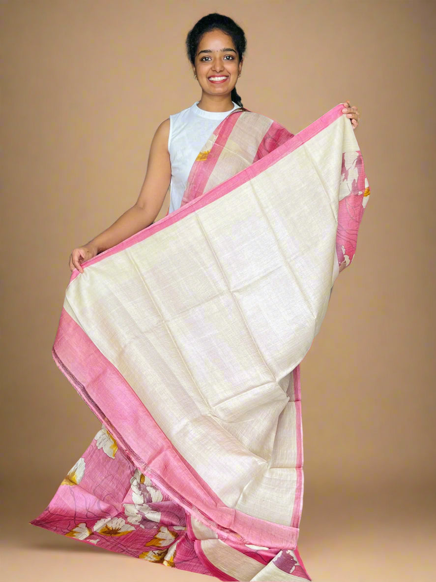 Pink Tussar Silk Saree with Prints