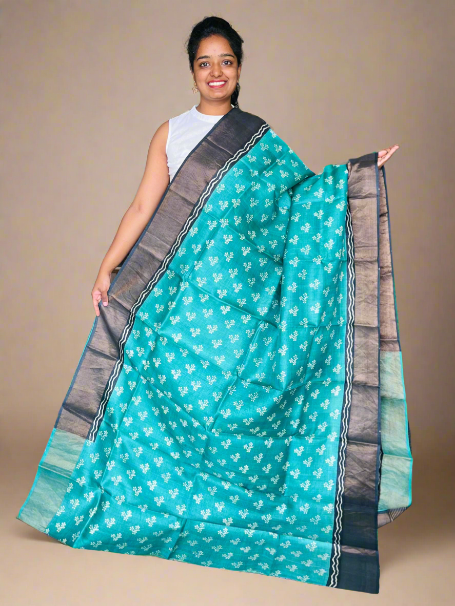 Teal and Black Tussar Silk Saree with Prints