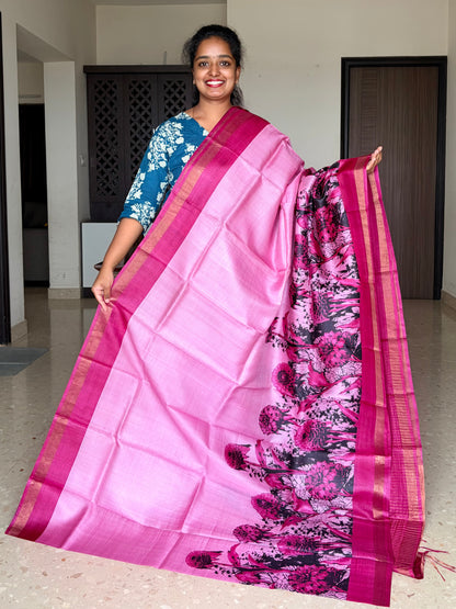 Pink and Magenta Tussar Silk Saree with Prints