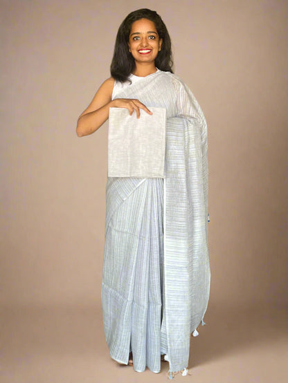 Grey Linen Saree With Woven Stripes