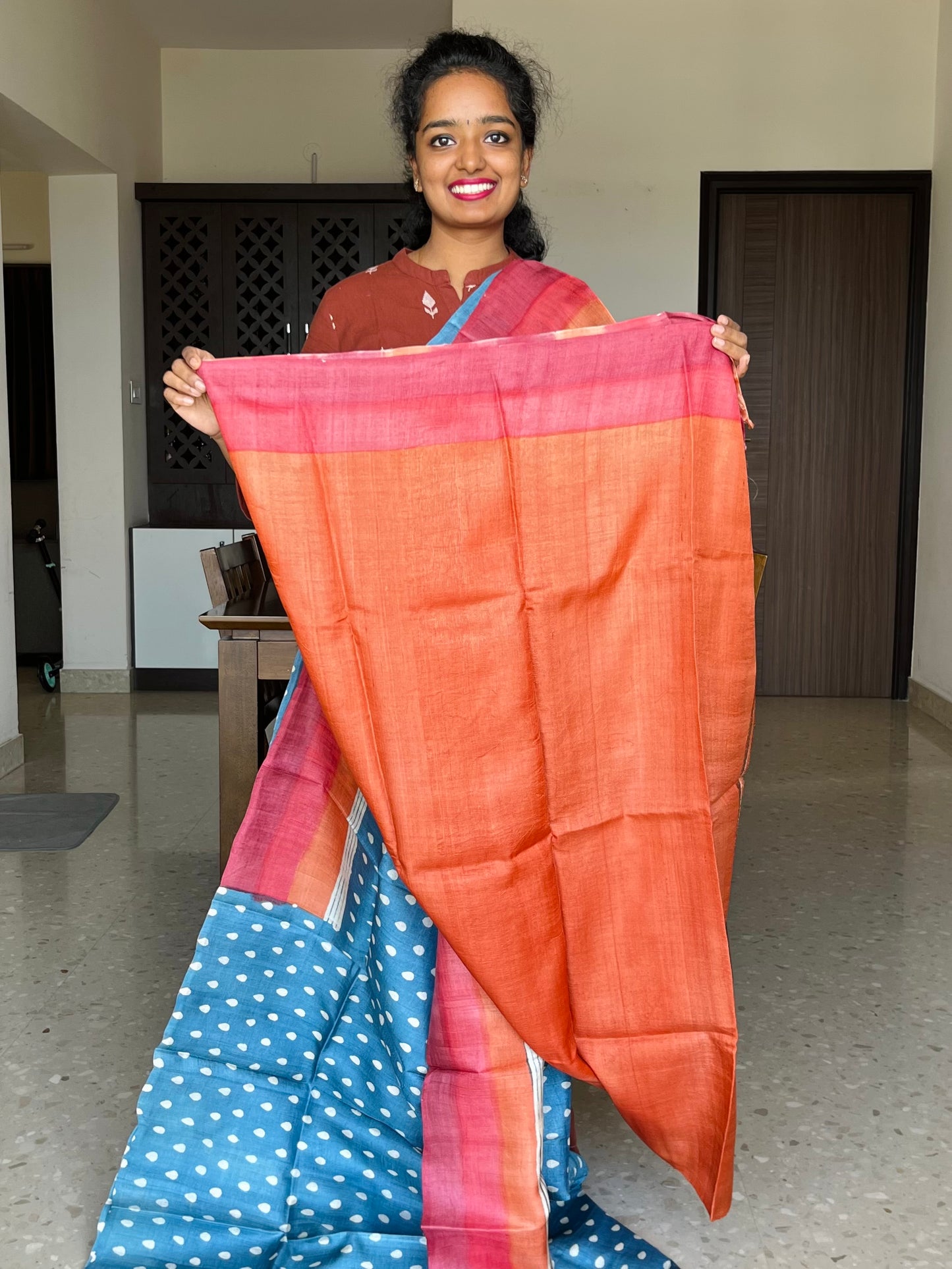 Blue, Red and Orange Tussar Silk Saree with Prints