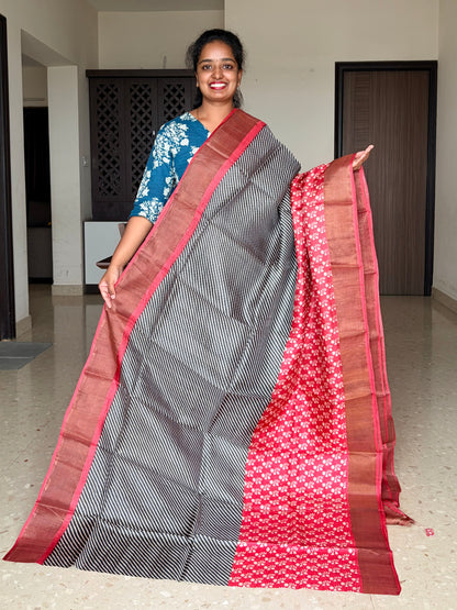 Black and Red Tussar Silk Saree with Prints