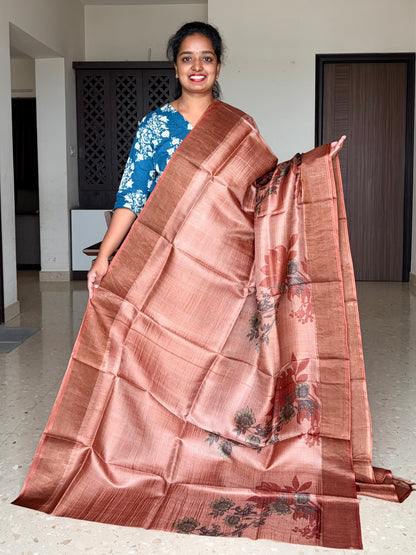 Rust Tussar Silk Saree with Prints