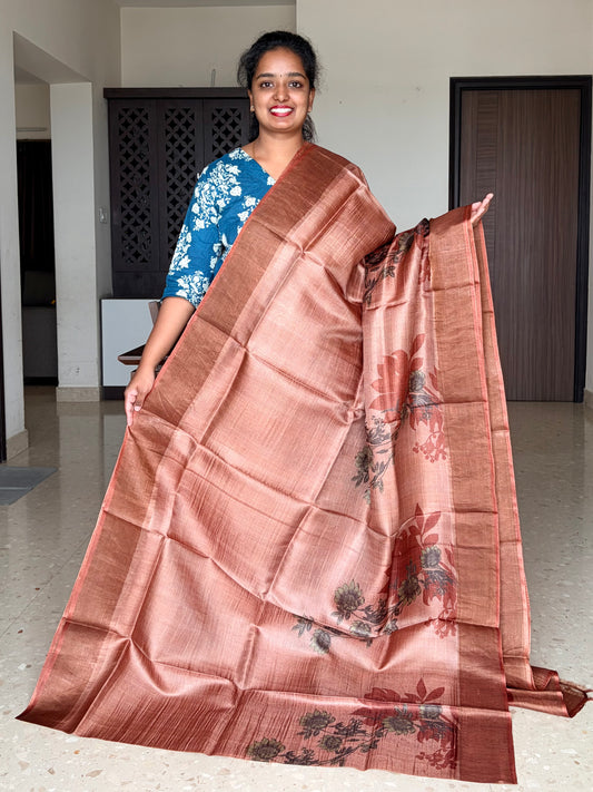 Rust Tussar Silk Saree with Prints