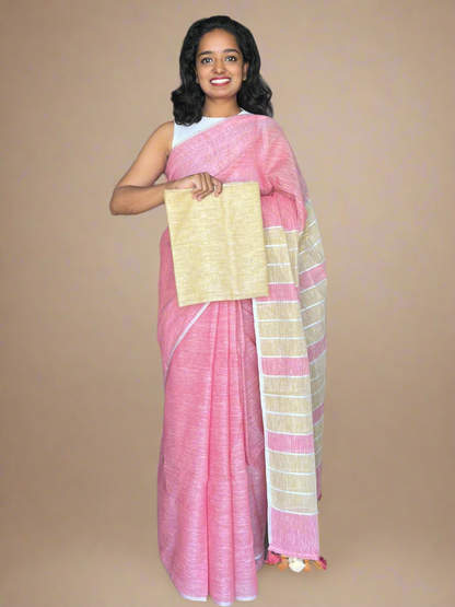 Pink and Yellow Linen Saree