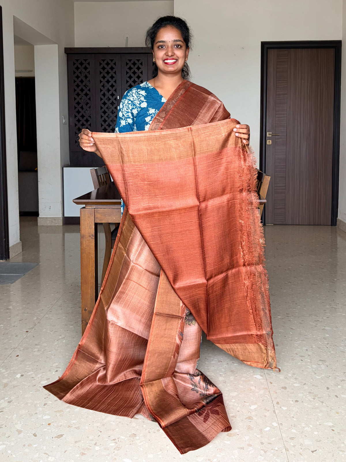 Rust Tussar Silk Saree with Prints