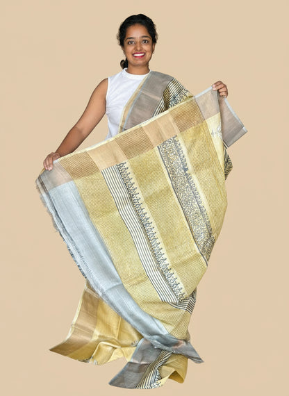 Yellow and Grey Tussar Silk Saree with Prints