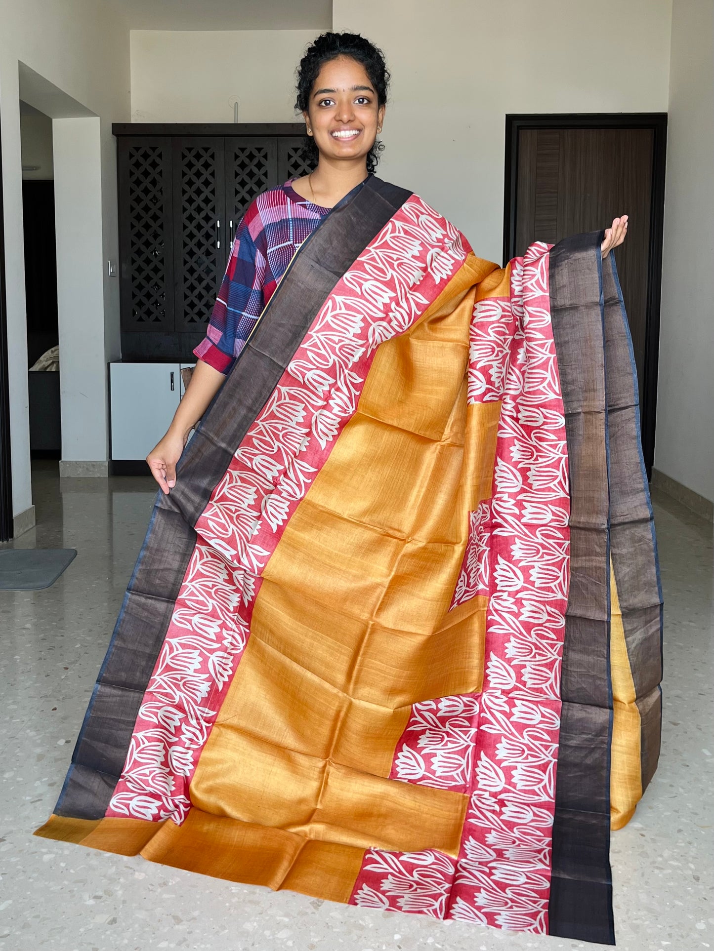 Yellow, Red and Black Tussar Silk Saree with Prints