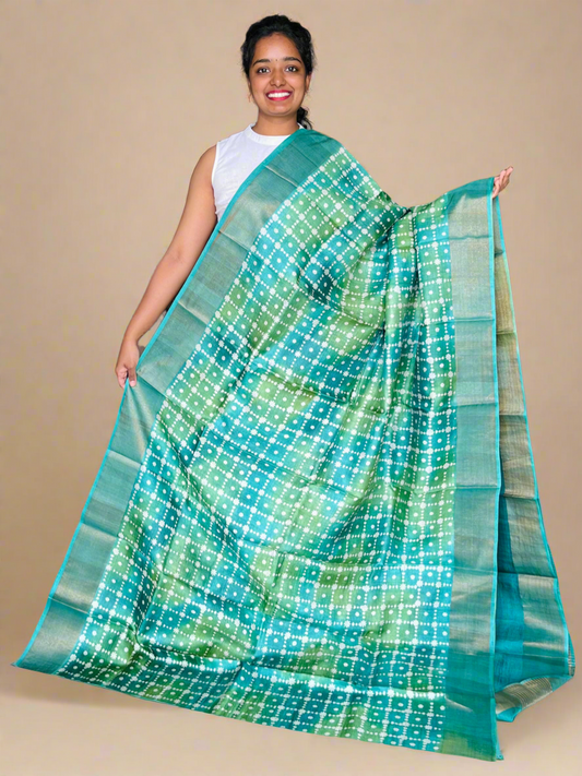Green Tussar Silk Saree with Prints
