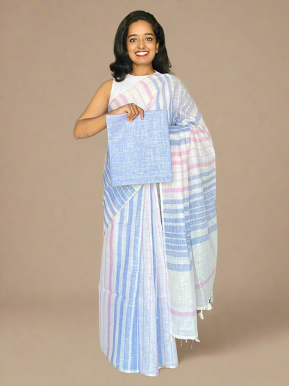 White  Linen Saree With Woven Blue and Pink Stripes