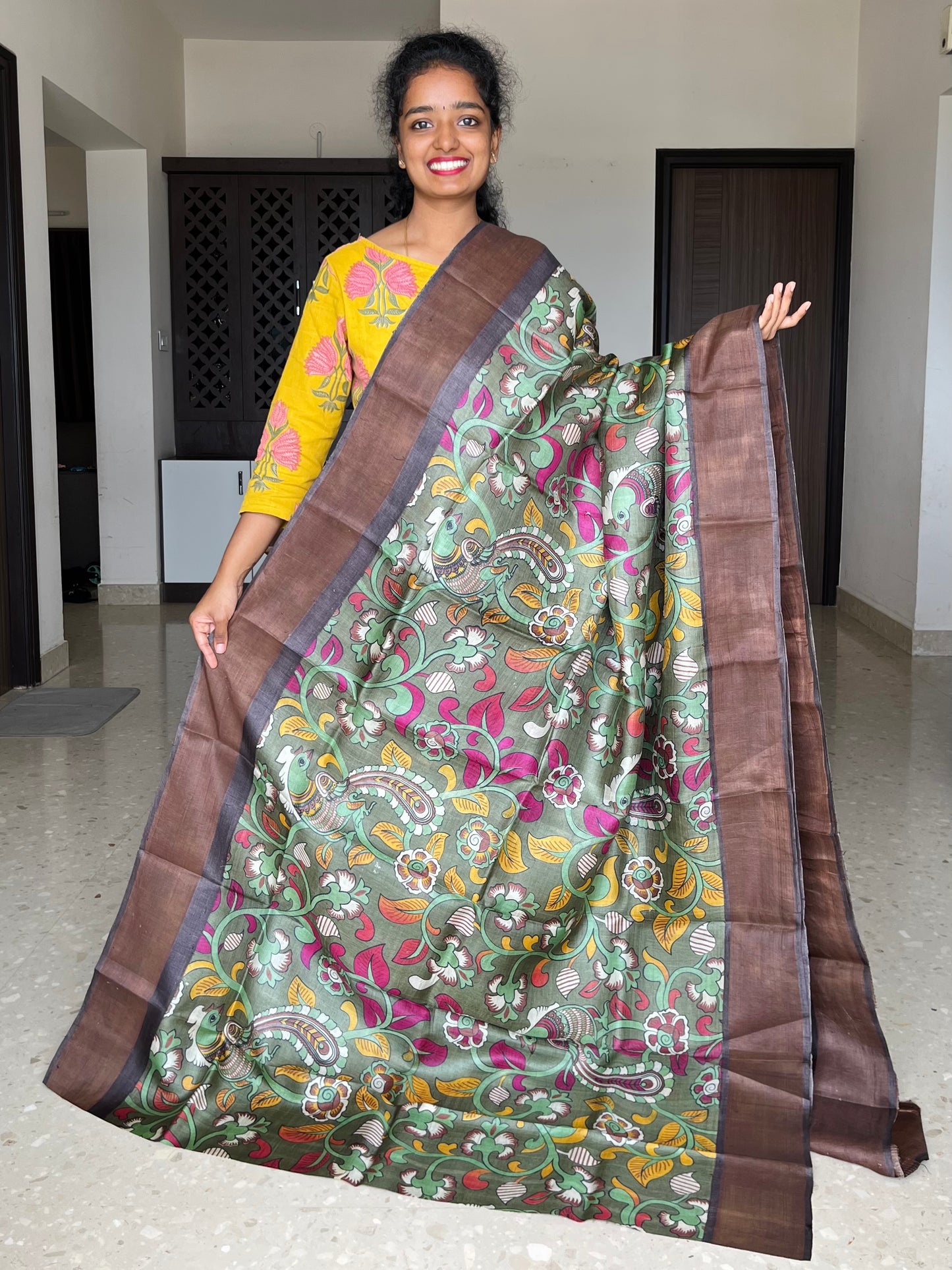 Olive Green and Brown Tussar Silk Saree with Prints