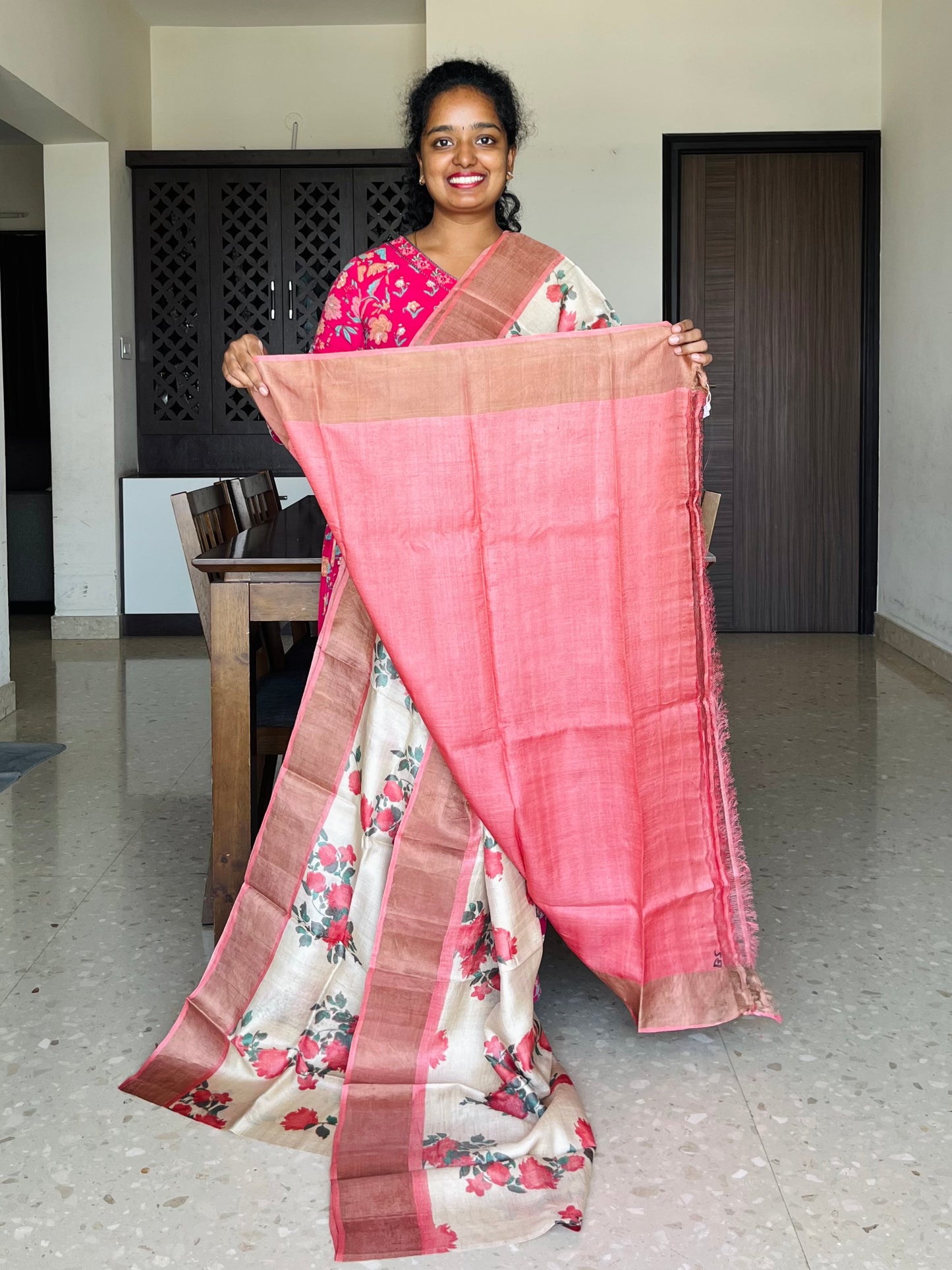 Cream and Peach Tussar Silk Saree with Prints