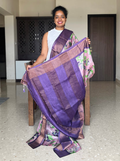 Lilac Tussar Silk Saree with Prints
