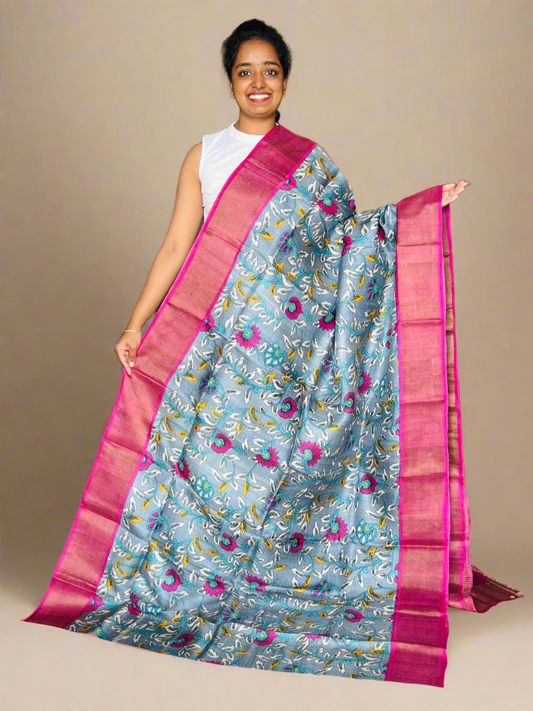 Grey and Magenta Tussar Silk Saree with Prints
