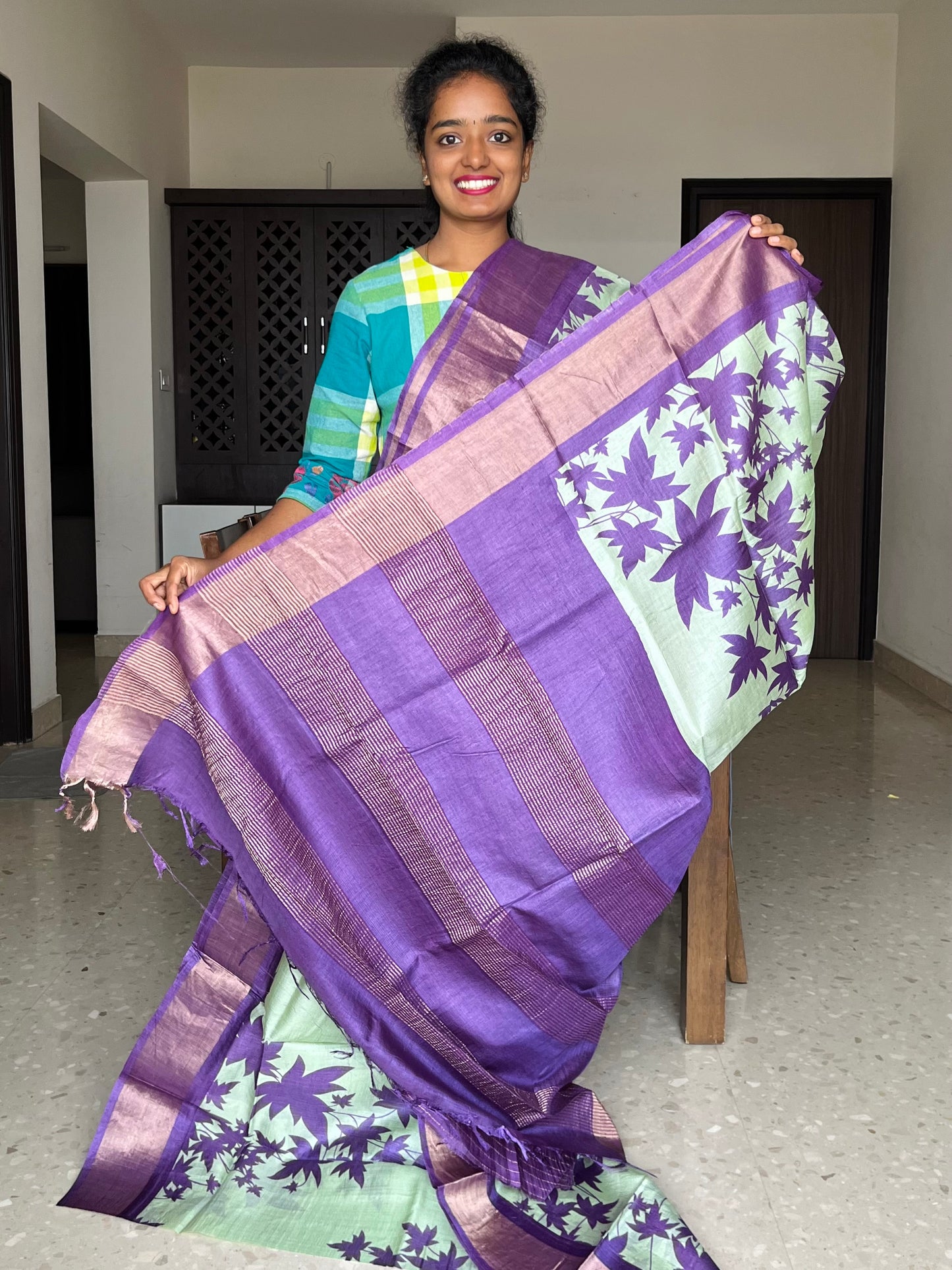 Mint Green and Violet Tussar Silk Saree with Prints