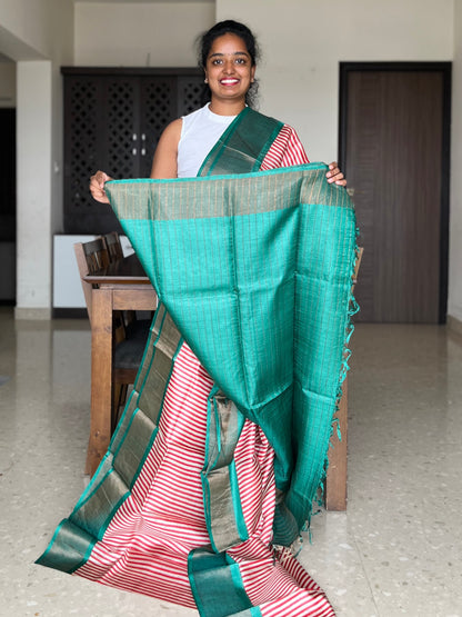 Red and Green Tussar Silk Saree with Prints