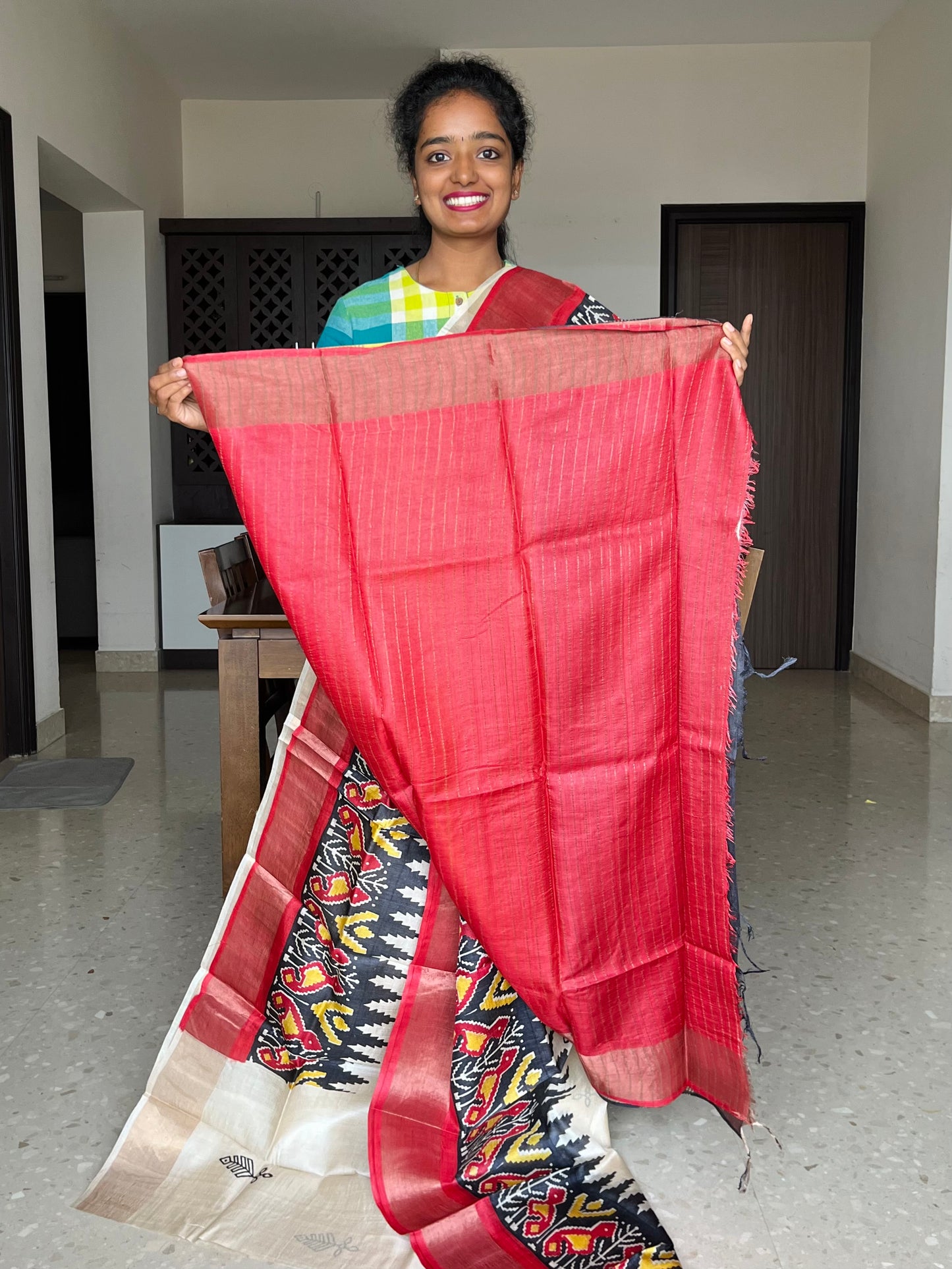 Cream and Red Tussar Silk Saree with Prints