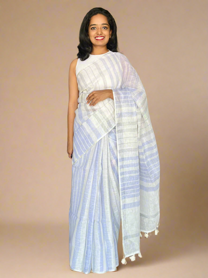 White  Linen Saree With Woven Purple and Grey Stripes