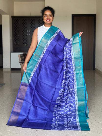 Indigo Tussar Silk Saree with Prints