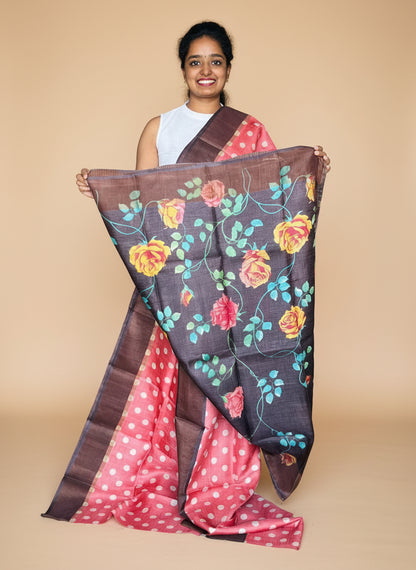Peach and Brown Tussar Silk Saree with Prints