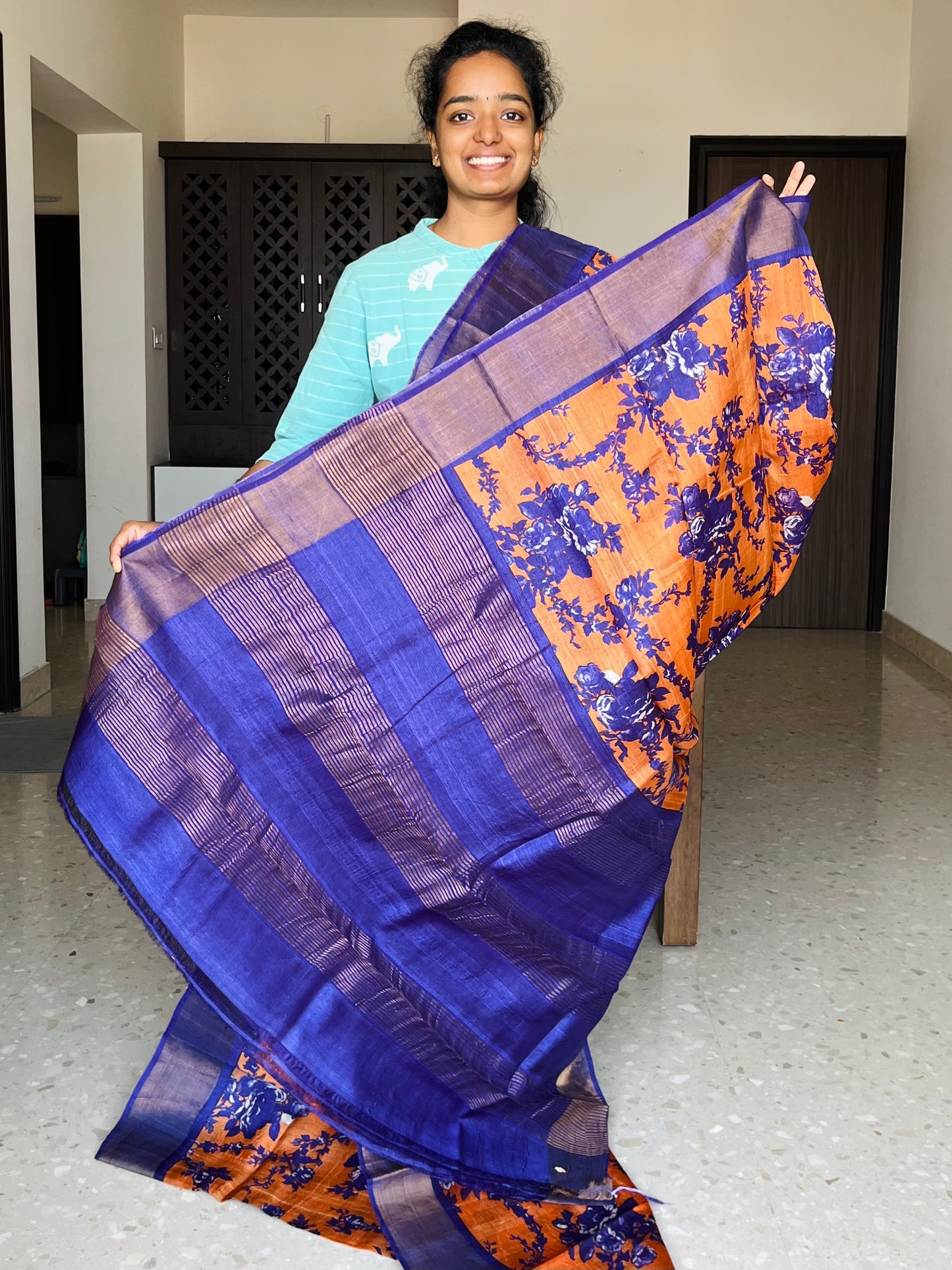Orange and Violet Tussar Silk Saree with Prints