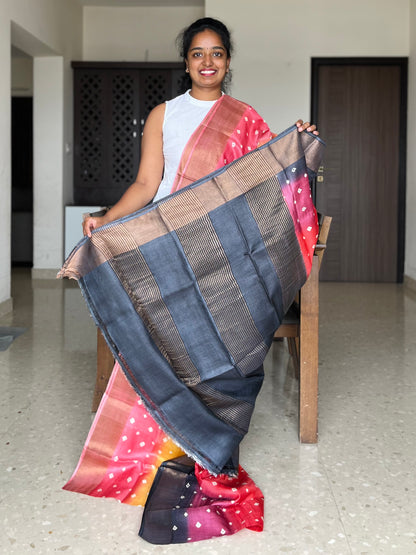 Yellow, Orange and Red Tussar Silk Saree with Prints