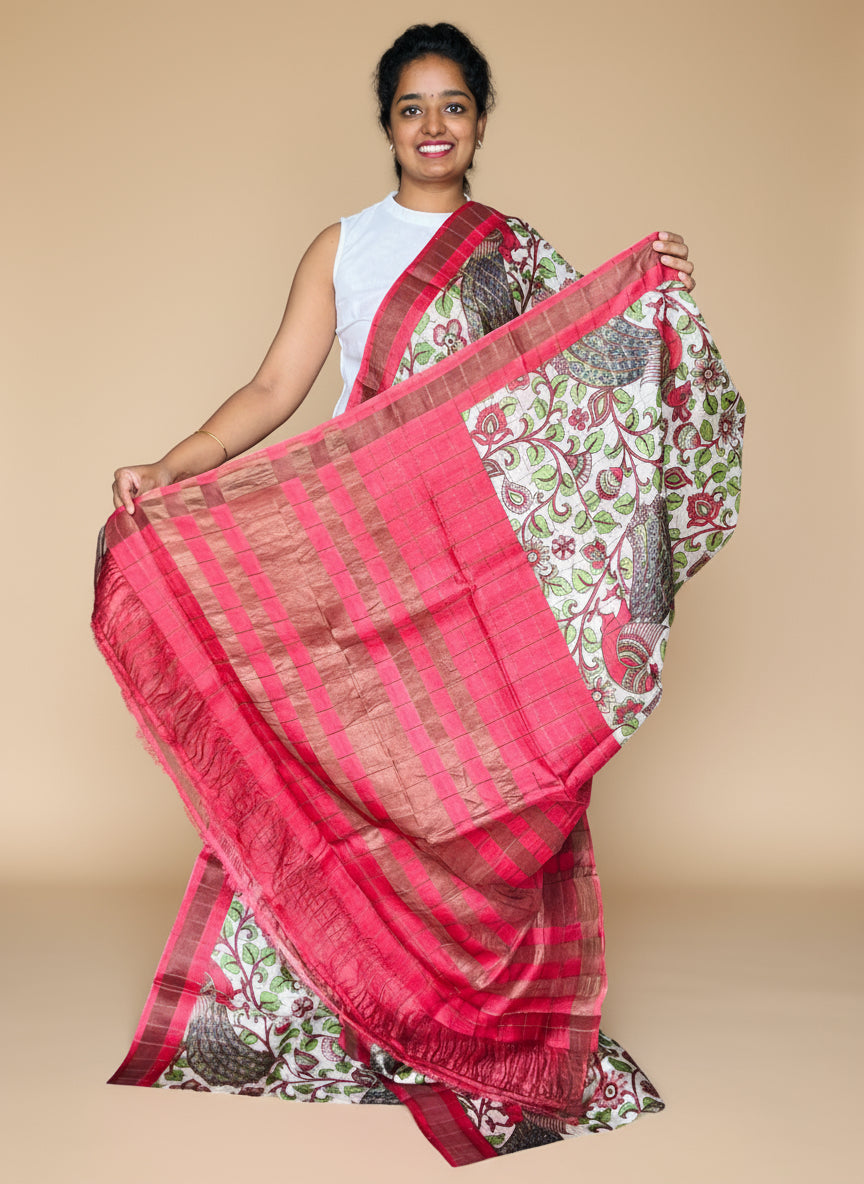 Cream and Red Tussar Silk Saree with Prints