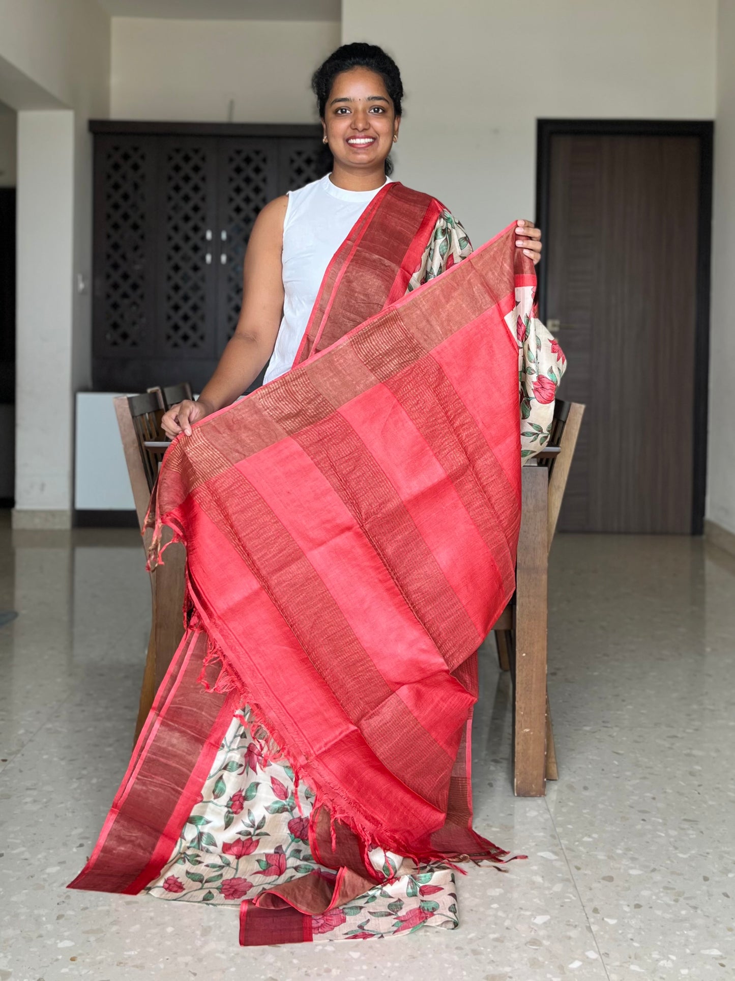 Cream and Red Tussar Silk Saree with Prints