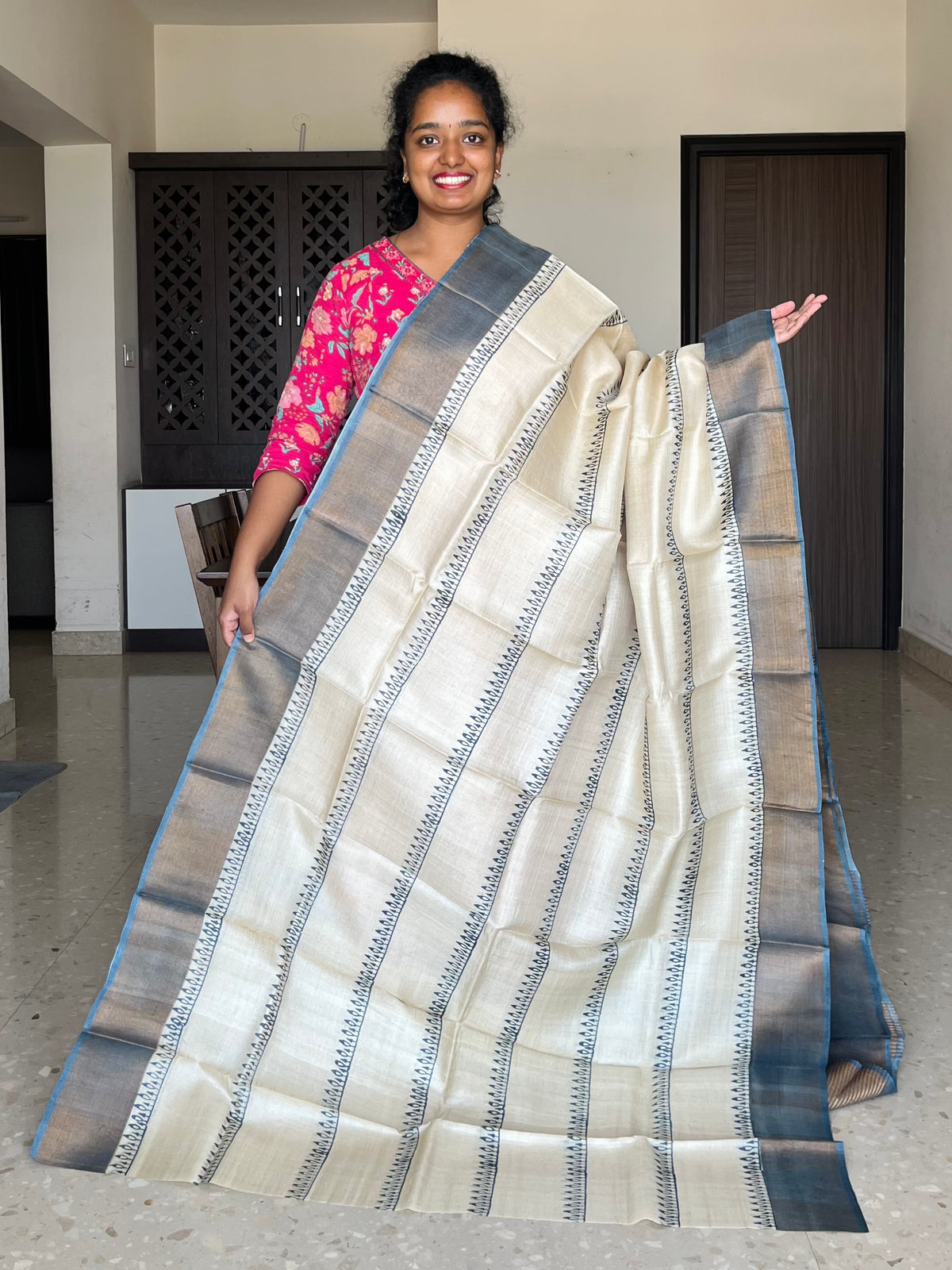 Cream and Grey Tussar Silk Saree with Prints