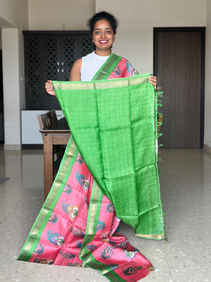 Pink and Green Tussar Silk Saree with Prints