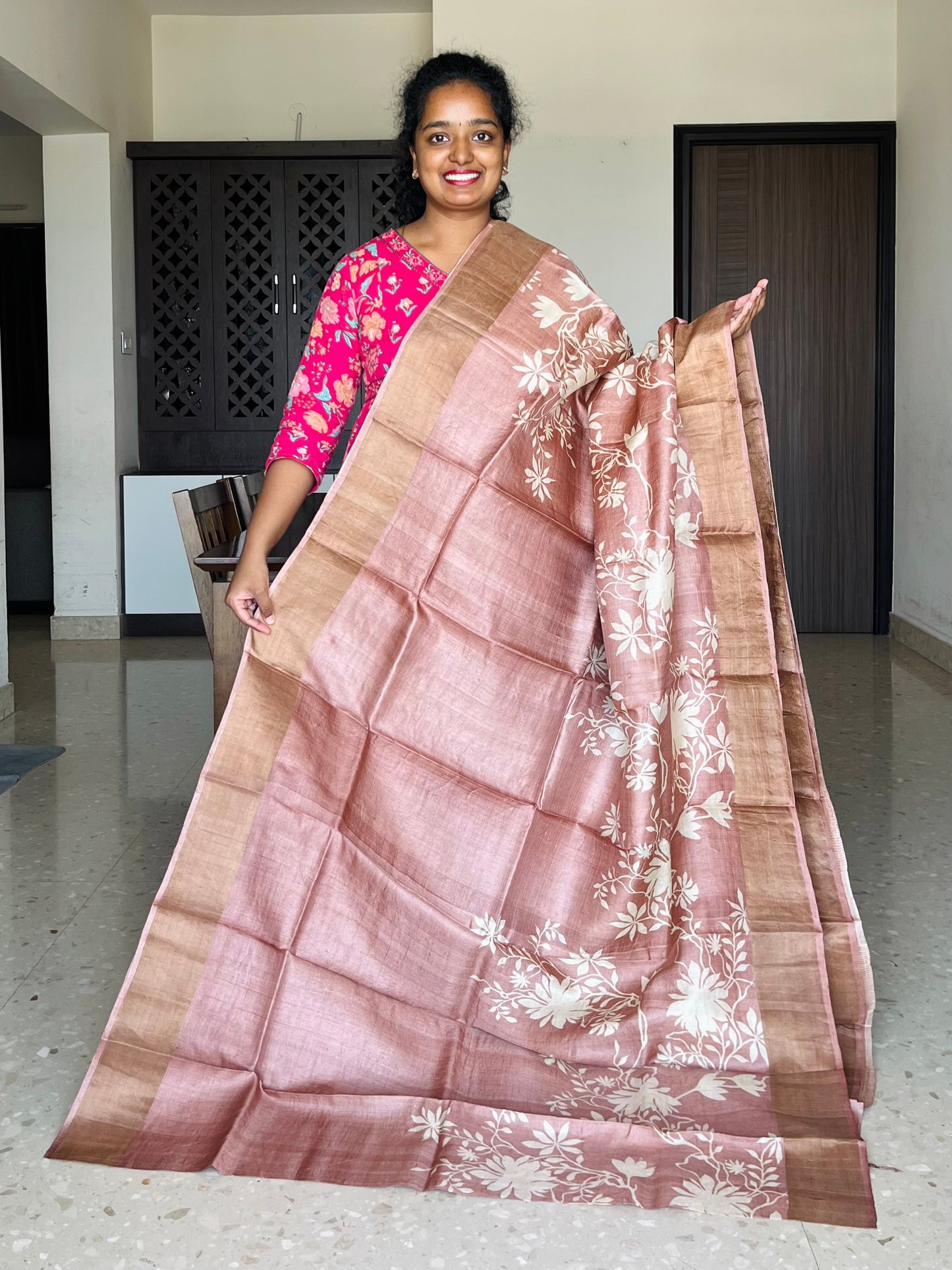 Peach Tussar Silk Saree with Prints