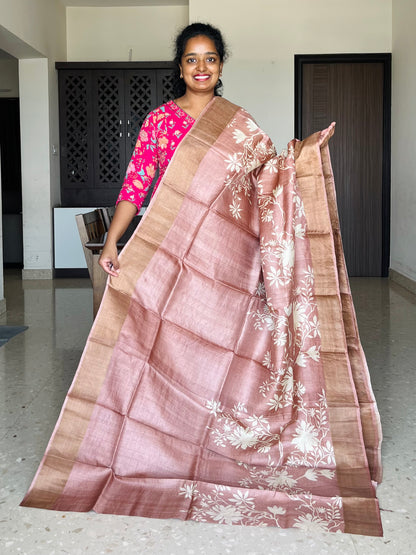 Peach Tussar Silk Saree with Prints