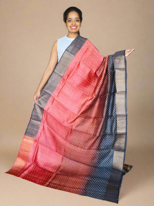 Brick and Black Tussar Silk Saree with Print