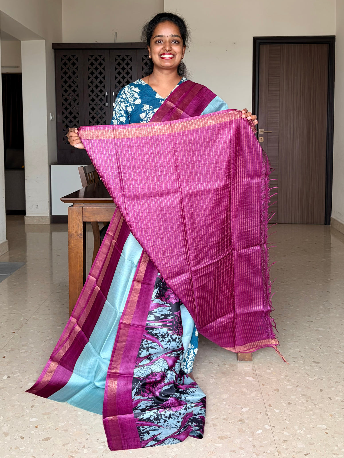 Powder Blue and Magenta Tussar Silk Saree with Prints