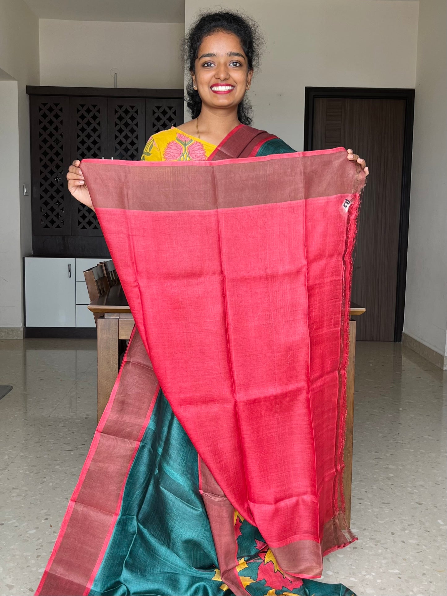 Dark Green and Red Tussar Silk Saree with Prints