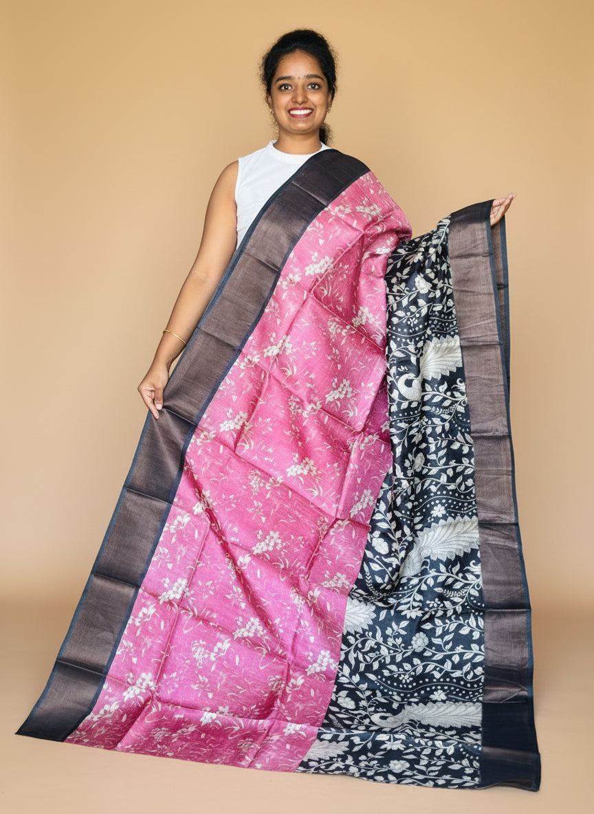 Pink and Black Tussar Silk Saree with Prints