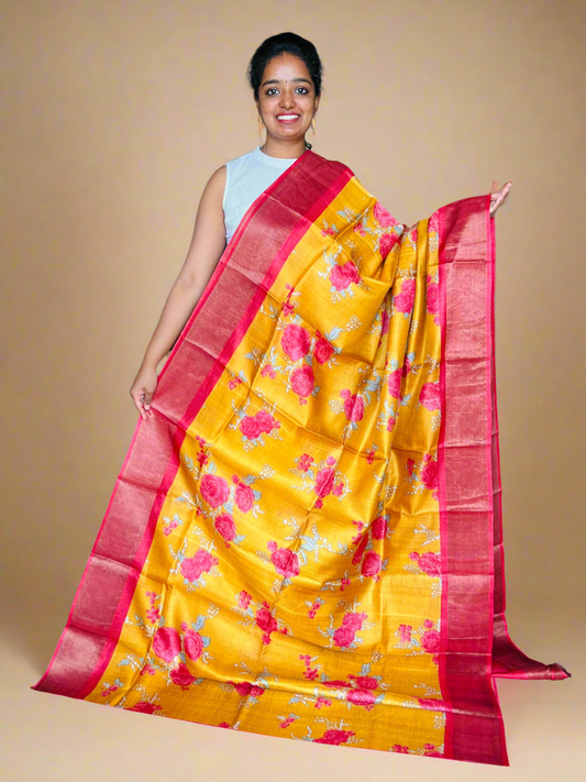 Yellow and Red Tussar Silk Saree with Prints