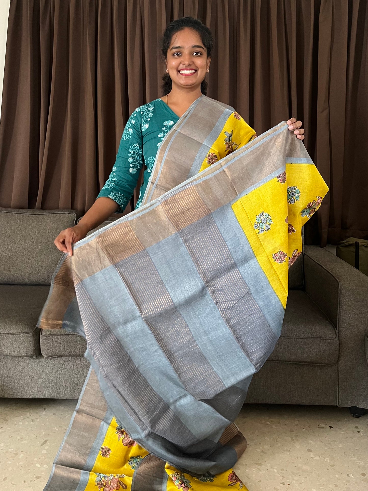 Yellow and Grey Tussar Silk Saree with Prints