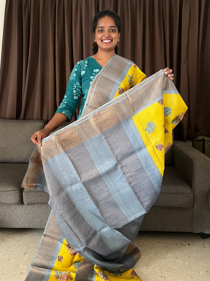 Yellow and Grey Tussar Silk Saree with Prints