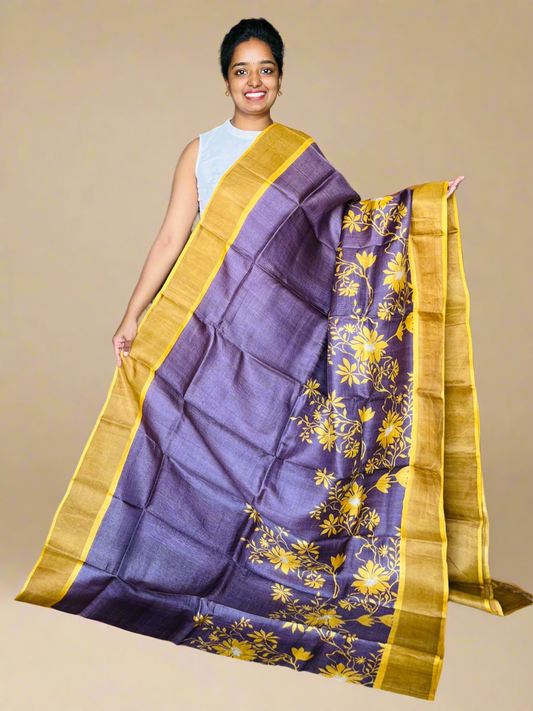 Plum and Yellow Tussar Silk Saree with Prints